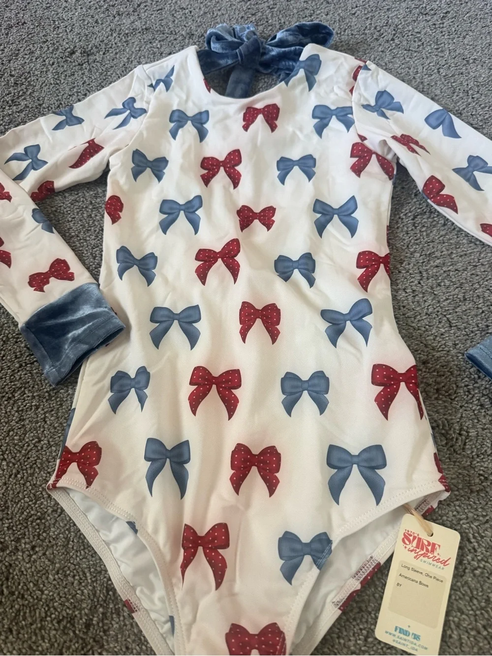 Saint Ida Americana Bow Print Long Sleeve Swimsuit with Blue Velvet Accents Sz 8